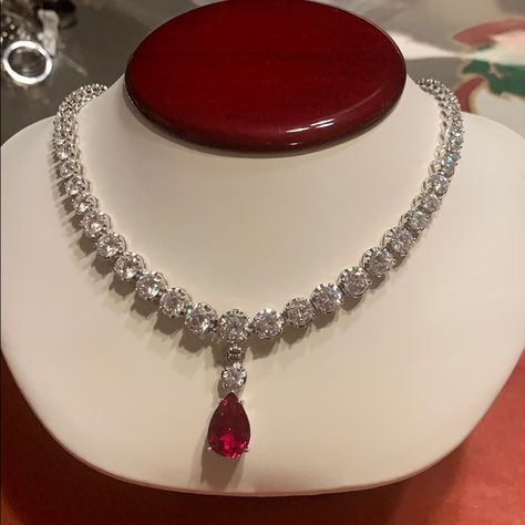 Silver Necklace With White Cz Stones And It Is Changeable You Can Remove The Red Stone Like Shown In The Picture Gold Necklace With Ruby Stone, Red Silver Necklace, Ruby Jewelry Silver, Red Diamond Necklace, Royalty Accessories, White Necklace Jewelry, Ruby Diamond Necklace, Red Jewellery, Red Stone Necklace