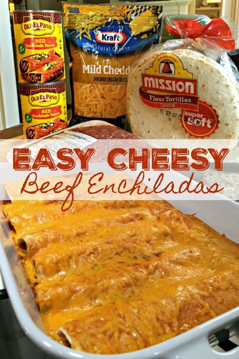 EASY CHEESY BEEF ENCHILADAS - Go-to family favorite for almost two decades. With just four ingredients and under an hour from start to finish, these cheesy, beefy, saucy enchiladas are a cinch to make, always a hit! Mexican Dinner Recipes Beef, Cheesy Beef Enchiladas, Enchiladas Potosinas, Enchiladas Easy, Enchiladas Rojas, Easy Enchilada Recipe, Tartiflette Recipe, Easy Beef Enchiladas, Beef Enchilada Recipe