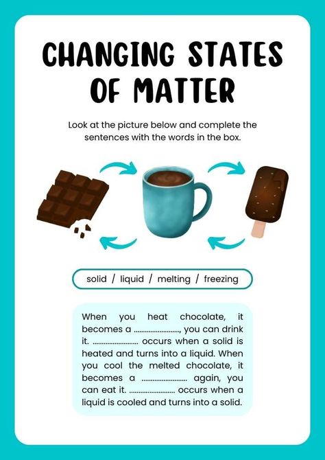 Changing States of Matter English Worksheet Changes Of State Of Matter, Changing States Of Matter, Matter For Kids, Changes In Matter, State Of Matter, States Of Matter Worksheet, Matter Worksheets, Experiments Kids, Study English Language