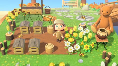 Animal Crossing Bee Farm, Acnh Bee Farm, Acnh Beekeeper Area, Bear Animal Crossing, Core Ideas, Acnh Cottagecore, Bee Farm, Bear Animal, Acnh Ideas