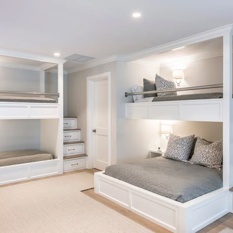 In Wall Bunk Beds - Photos & Ideas | Houzz Bunk Room Ideas, Sleepover Room, Bunk Bed Rooms, Bunk Beds Built In, Bunk Rooms, Built In Bunks, Cool Bunk Beds, Bunk Beds With Stairs, Bunk Bed Designs