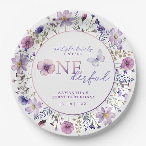 Wild And Onederful, Wildflower Birthday Party, Onederful Birthday, Birthday Paper Plates, Baby Birthday Themes, Purple Wildflowers, Birthday Party Design, 1st Birthday Themes