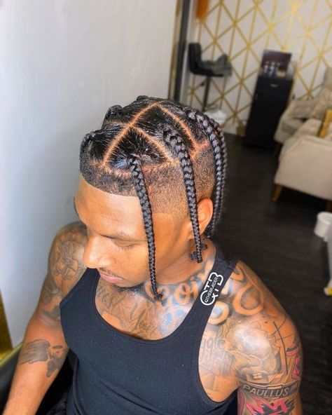 Plaits Men Hairstyle, Braid Hairstyle For Men, Large Box Braids Men, 8 Box Braids, Jumbo Box Braids Men, Braids With Fade Men, Guy Braids, Boy Box Braids, Men Twist