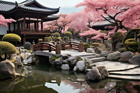 AI generated Korean traditional garden with cherry blossom in spring, Korea, AI Generated Korea Garden, Korean Garden, Spring Korea, Tree Saw, Traditional Garden, Cityscape Photos, Korean Traditional, Nature Backgrounds, Landscaping Plants