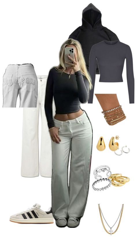 Campus 00s Outfit, Jeans Beige, Grey Shirt, Shirt White, White Jeans, Ootd, Grey, White