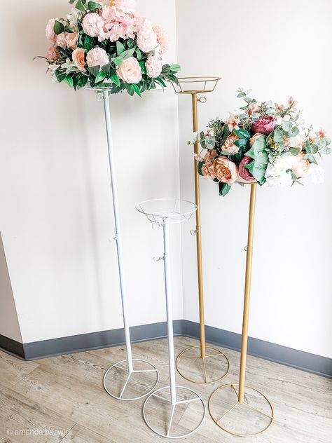 Aisle Flower Stand Adjustable Height Basket - Various Colours Flower Metal Stand, Flower Stands Wedding, Flower Stand Ideas, Flower Stand Wedding, Standing Flower, Fabric Draping, Feather Centerpieces, Potted Flowers, Aisle Flowers