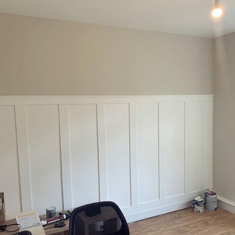 Beige And White Paneling, White And Beige Board And Batten, Panelling On Bedroom Wall, White Panelling Beige Walls, Board And Batten Paneling, White Paneled Walls Bedroom, Board And Batten In Bedroom, Beige Board And Batten Wall, Nursery With Paneling