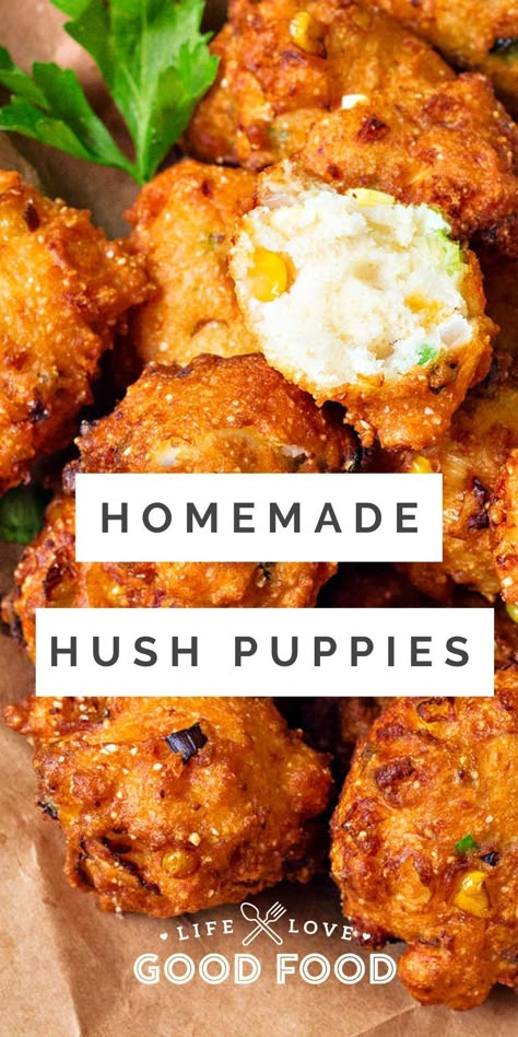 These golden-brown hush puppies are crispy on the outside and the moist, buttery inside practically melts in your mouth. Made with buttermilk, this hush puppy recipe has sweet Vidalia onion and fresh summer corn, plus a little chopped green onion and diced jalapeño for extra flavor! Homemade Hush Puppies Easy, Jalapeño Hush Puppies, Hushpuppies With Corn, Diy Hush Puppies, Homemade Hushpuppies, Hush Puppies Recipe With Corn, Hush Puppies With Corn, Easy Hush Puppy Recipe, Best Hush Puppies Recipe Fish Fry