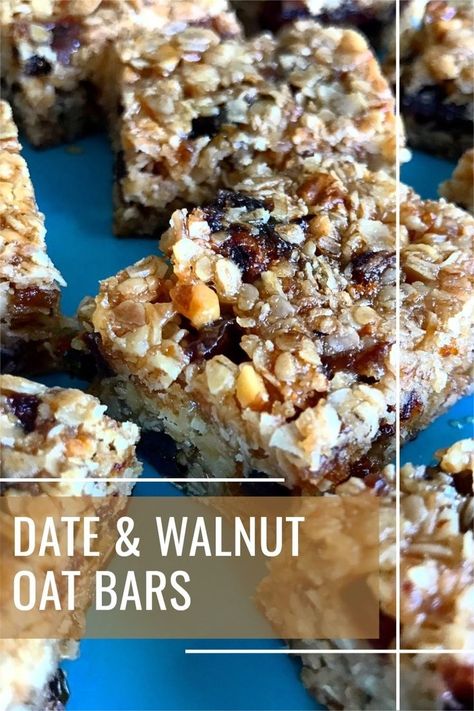 Date Nut Oat Bars, One Bowl Date Nut Oat Bars, Oatmeal Cookies Healthy, Date Nut Bars, Chocolate Chip Oatmeal Cookies Healthy, Oatmeal Snacks, Oat Slice, Date And Walnut, Oat Bar Recipes