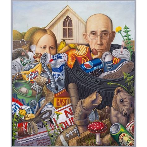 American Garbage by Tom Sanford (2015) Oil on Canvas by ratedmodernart American Gothic Painting, American Gothic Parody, Grant Wood American Gothic, Grant Wood, Modern Society, American Gothic, Art Parody, Gcse Art, A Level Art