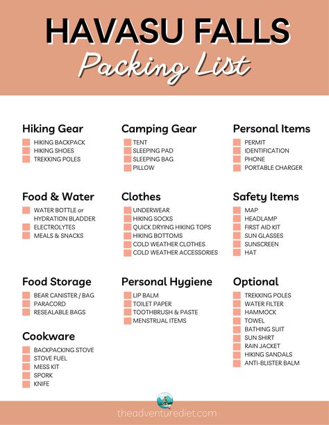 What to Bring to Hike to Havasu Falls - The Ultimate Packing List for 2023 Hiking Havasupai Falls, Havasupai Packing List, Havasupai Falls Packing List, Camp List, Havasu Falls Hike, Rv Roadtrip, Hiking Packing, Fall Packing List, Hiking Gear List