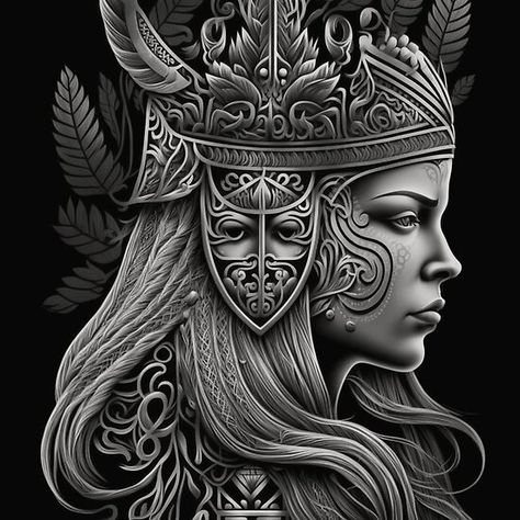 Frigg Head Ornament, Nordic Viking Drawings, Valkyrie Tattoo, Vikings Tattoo, Viking Decor, Wood Burning Patterns Stencil, Norse Myth, Norse Tattoo, Viking Symbols, Viking Tattoos