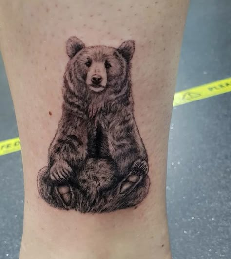 Bear Tattoos Thigh, Sitting Bear Tattoo, Black And White Bear Tattoo, Brown Bear Tattoo For Women, Black Bear Tattoo Women, Standing Bear Tattoo, Bear Shoulder Tattoo, Black Bear Tattoos, Small Bear Tattoos For Women