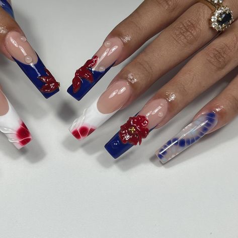 🌀♥️🍷🥀🦋💙🌹🤍 Inspi: @freakynails_ , @dpbeautyy & @naildripmiami . . #nailsnailsnails #nails #nailart #naildesign #bluenails #signaturetgb #tgbsignature #bluenails #rednails #frenchnails #3dnailart #3dnails #3dflowernails #3dflowers #bloomingnails #summernails #xlnails #squarenails #longnails #bubblenails #onglesbordeaux #nailsbordeaux Blue Red And Black Acrylic Nails, Red Blue White Nails, Red And Blue Nails Acrylic, White Nails With Red And Blue Design, Blue And Red Nails, Red And Blue Nails, Blue Graffiti Nails, Blue Nails Dramatic, Bubble Nails