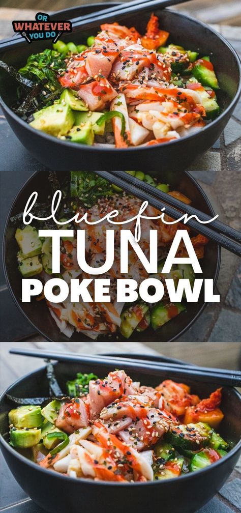 Yellowtail Poke Recipe, Bluefin Tuna Recipe, Tuna Poke Recipe, Blue Fin Tuna, Tuna Poke Bowl Recipe, Tuna Rice, Poke Recipe, Grilled Lobster Tail, Tuna Poke Bowl