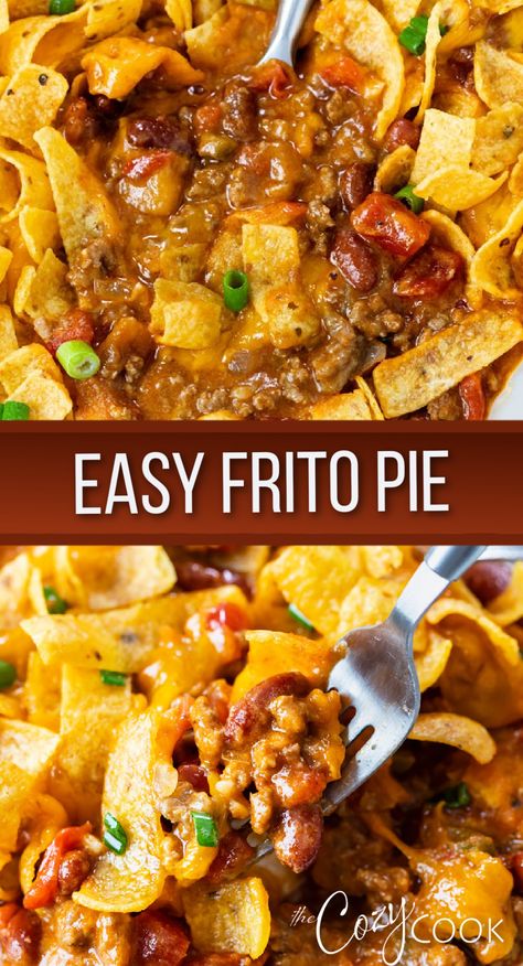 Frito pie with chili, and Fritos Frito Bake Recipes, Frito Lay Casserole, Frito Ground Beef Casserole, Chili With Fritos, Frito Pie Recipe Casseroles, Chilli Frito Pie Recipe, Fritos And Chili, Frito Pie With Canned Chili, Casarolls Recipes Easy