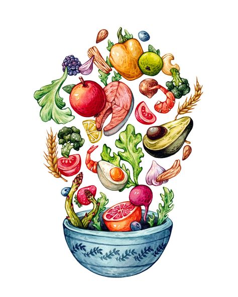 This flying composition is about healthy food. Healthy Food Drawing, Healthy Illustration, Healthy Food Activities, Healthy Food Photography, Healthy Food Quotes, Healthy Food Logo, Food Illustration Art, Watercolor Food, Food Photography Inspiration