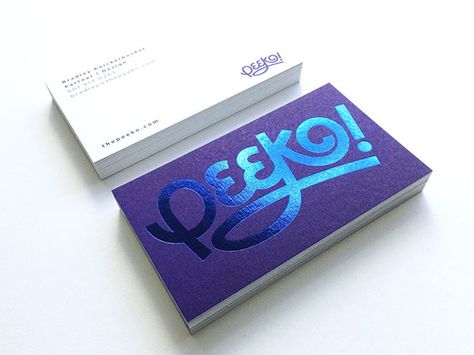 Peeko Business Cards by Bradley Knickerbocker Foil Business Cards, Qr Code Business Card, Name Card Design, Hot Foil Stamping, Blue Foil, Print Finishes, Business Cards Creative, Packaging Design Inspiration, Foil Stamping