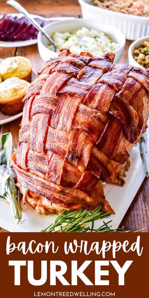 Take your Thanksgiving dinner to the next level with the BEST Bacon Wrapped Turkey! This easy, foolproof recipe combines the classic flavors of onions and fresh herbs with the deliciousness of bacon in a show-stopping combo that's guaranteed to be a new holiday favorite! Bacon Wrapped Turkey, Turkey Bacon Recipes, Bacon Party, Turkey Bacon Wrap, Smoked Turkey Breast, Spiral Ham, Easy Thanksgiving Recipes, Turkey Breast Recipe, Best Bacon