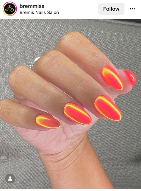 Uñas Color Lima, Neon Green Chrome Nails, Orange Chrome Nails, Summer Nail Color Ideas, Red Orange Nails, Bright Orange Nails, Lime Nails, Summer Nail Color, Orange Chrome