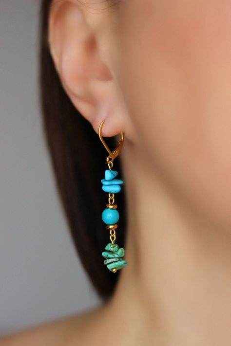 Gemstone Chip Earrings, Simple Bead Earrings, Green Dangle Earrings, Turquoise Stone Earrings, Earrings Handmade Boho, Earring Hoops, Turquoise Hoop Earrings, Diy Jewelry Necklace, Jewelry Making Earrings