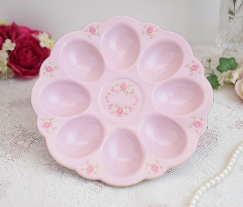 "Pink porcelain vintage style plate for eggs. Porcelain egg dish by LL.  Dimensions: 20 cm/ 7.9\" (diameter) 3 cm / 1.2\" (height) All items of the cake stander are in excellent condition, with no chips or cracks, some tracks of use (please see pictures). www.vintageteatime.eu For more vintage and brand new items visit our website (address above).   Unique Slav pink porcelain. This exclusive kind of porcelain has been manufactured in Slavic Europe since 1811. Original pink porcelain is made by adding a special dye substance to porcelain mass, before the firing process and precisely mixed until it achieved pink color. Afterwards, product is glazed with transparent glaze. This technique gives a real pink porcelain, contrary to other producents, who usually are putting pink glazing on regular Pink Depressionware, Gold Decorations, Pink Porcelain, Pink Plates, Porcelain Vintage, Crochet Fairy, Kawaii Cooking, Porcelain Eggs, Pink Easter