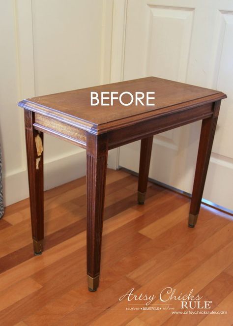 Wood Side Table Makeover, Round Side Table Makeover, Side Table Redo, Mod Podge Furniture, Old End Tables, Aubusson Blue, Before And After Furniture, Spray Paint Wood, Painted End Tables