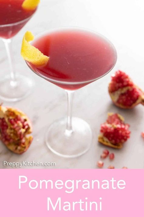 Impress your guests with this beautiful jewel-toned cocktail. This sweet and tart Pomegranate Martini is such a refreshing drink that is perfect for the holidays. Try this charmingly sweet twist on a martini the next time you throw a dinner party. Cocktails With Pomegranate, Lemon Pomegranate Martini, Pomegranate Cocktail Recipes Vodka, Pomagranet Cocktails Vodka, Festive Drinks Alcohol, Pomogranette Martini, Pomegranate Martini, Boozy Milkshake, Citrus Vodka