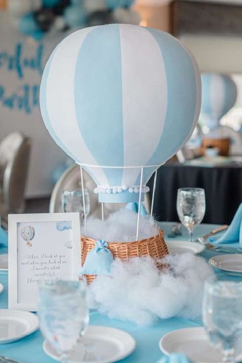 Faux Clouds Diy, Baby Boy Shower Centerpiece Ideas, Bris Decor, Cloud Centerpiece Baby Shower Ideas, Cloud Theme Centerpieces, Cloud Gender, Hot Air Balloon Party Theme, Balloon Centrepiece, Hot Air Balloon Centerpiece