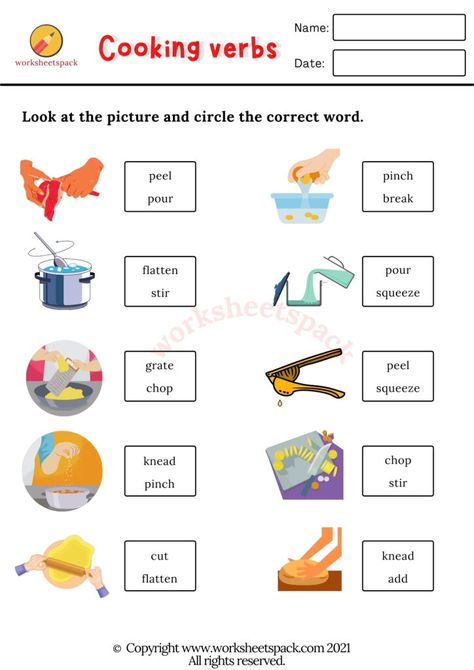 Cooking verbs worksheets - Printable and Online Worksheets Pack Cooking Verbs Worksheet, Sight Word Sentences Free, Year 2 English Worksheets, Cooking Verbs, Verbs Vocabulary, Verbs For Kids, Vocabulary In English, English For Students, Sight Word Sentences