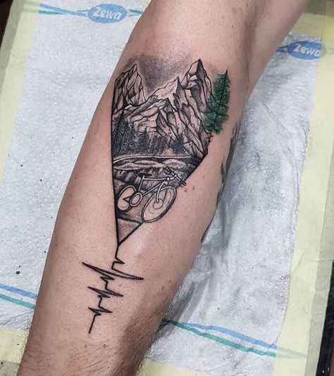 Mountain heartbeat with a bycle. Listen to the heartbeat. The mountains are calling me, and I must go. Heartbeat Tattoo Ideas, Ecg Tattoo, Heartbeat Tattoo With Name, Heartbeat Tattoos, Mountain Tattoo Ideas, Dirt Bike Tattoo, Heartbeat Tattoo Design, Mountain Bike Tattoo, Traditional Heart Tattoos