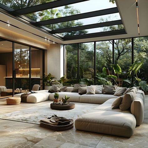 Indoor Open Space, Living Room Open To Garden, Homes With Glass Walls, Natural Lighting Living Room, Home With Atrium, Seamless Indoor Outdoor Living, Open Plan Architecture, Amazing Living Rooms, Living Room With Marble Floor