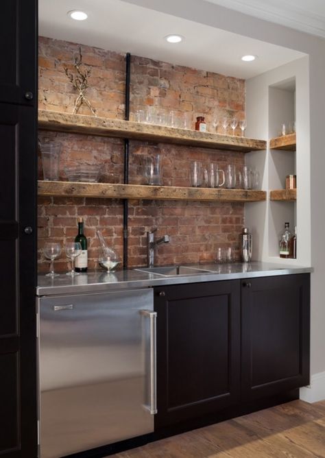 Awesome exposed brick wall for bar area Basement Kitchenette, Bar Mini, Bar In Casa, Home Remodeling Contractors, Basement Bar Designs, Basement Plans, Basement Kitchen, Small Basements, Home Bar Designs