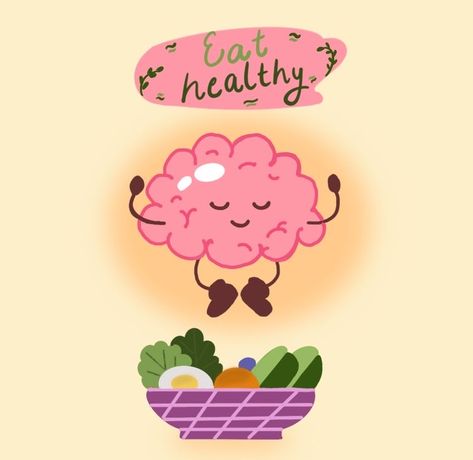 Healthy Body And Mind Illustration, Eat Healthy Illustration, Healthy Eating Illustration, Eat Healthy Food Illustration, Healthy Body Illustration, Drawing Brain, Brain Character, Brain Quotes, Diet Funny