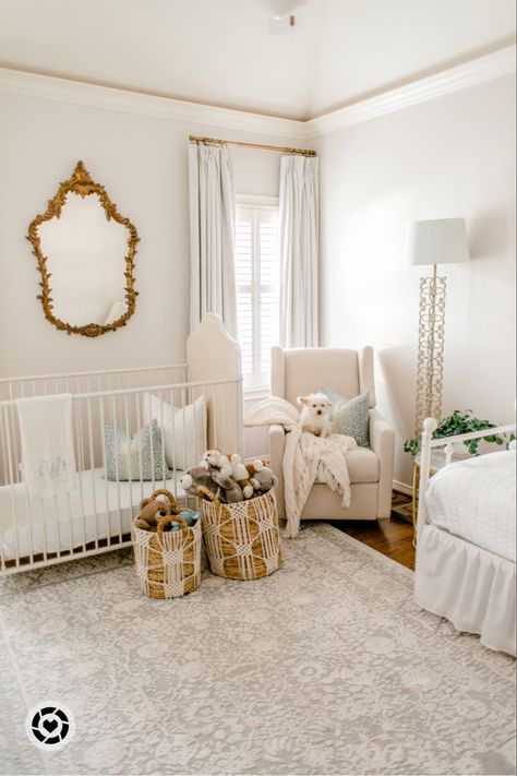 White Iron Crib Nursery, Daybed And Nursery Combo, Guest Room White Bedding, Rugs On Carpet Nursery, Nursery With Carpet And Rug, Nursery With Full Size Bed, White Metal Crib Nursery, Twin Bed In Nursery, Nursery With Twin Bed And Crib