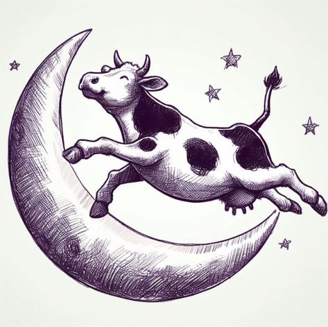 Cow And Moon, The Moon Tattoo, Cow Jumping, Cow Jumped Over The Moon, Moon Drawing, Moon Pictures, Moon Tattoo, Over The Moon, Zodiac Sign