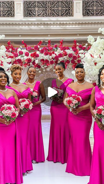 NJ Wedding Planner | Wedding Day Coordinator on Instagram: "The fuschia bridesmaid dresses from @bridalreflectionsny were absolutely stunning! The color was perfect and complemented the different skin tones and body shapes beautifully.  Bride @my_toy   Wedding coordinator + Bts @weddingsbynatasha   Decor @royalbackdrops   #jerichoterrace #weddingcoordinator #wbn #longislandbrides #blackbridesmaids" Fuschia Wedding Dress, Fuschia Bridesmaid, Magenta Wedding Theme, Magenta Bridesmaid Dresses, Fuschia Bridesmaid Dresses, Fuchsia Bridesmaid Dresses, Orchid Bridesmaid Dresses, Hot Pink Bridesmaid Dresses, Pink Bridesmaid Dresses Long