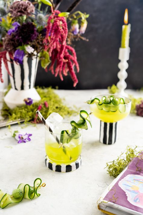 Beetlejuice, Beetlejuice, Beetlejuice! This strange and unusual cocktail is sure to be scream at the Halloween party. Beetlejuice Cocktail, Beetlejuice Dinner, Witch Cafe, Midori Sour, Juice Party, Green Drink, Creative Cocktails, Beetlejuice Halloween, Strange And Unusual