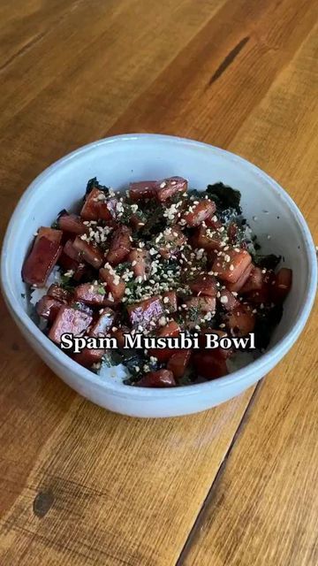 Hawaii's Best Kitchens on Instagram: "For those lazy or time crunch days, I like to make spam musubi bowl! Everything great about spam musubi, but in donburi style. • Spam • Aloha Shoyu • Sugar • Rice • Nori • Furikake Cut the spam into small pieces, then fry them till golden brown. On medium to medium-low heat, add equal parts Aloha Shoyu and sugar with the spam. Amount just depends on how much spam you are cooking. I used 1 Tbsp each for this. Mix well and let the sauce thickens into a glaz Musubi In A Bowl Recipe, How To Make Spam Musubi Rice, Spam Musubi In A Bowl, Spam Musubi Charcuterie Board, Spam Rice And Seaweed Bowl, Dinner Ideas With Spam, Spam Musubi Rice Bowl, Spam Musubi Bowl Recipe, Musubi Bowl Recipe