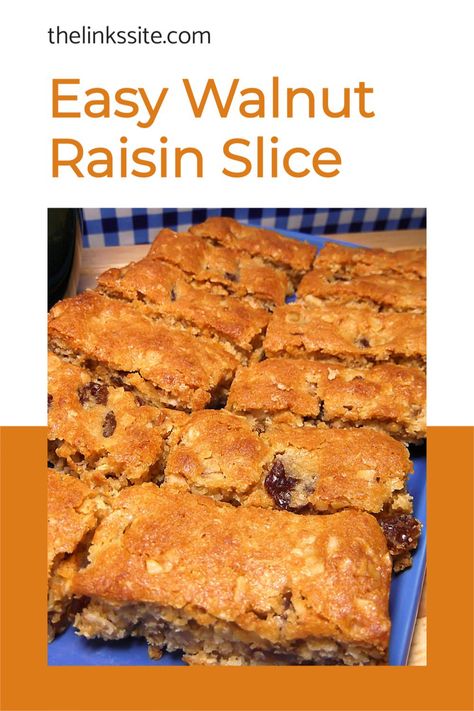 This Walnut Raisin Slice is great for breakfast or as a snack and it could not be easier to make. Just mix all the ingredients together, press into a tray, and bake! thelinkssite.com #walnuts #raisins #traybake #breakfastrecipe Weetabix Recipes, Walnut Slice, Fruit Bars Recipe, Sultana Cake, Traybake Cake, Sweet Slices, Raisin Cake, Raisin Recipes, Slice Recipe