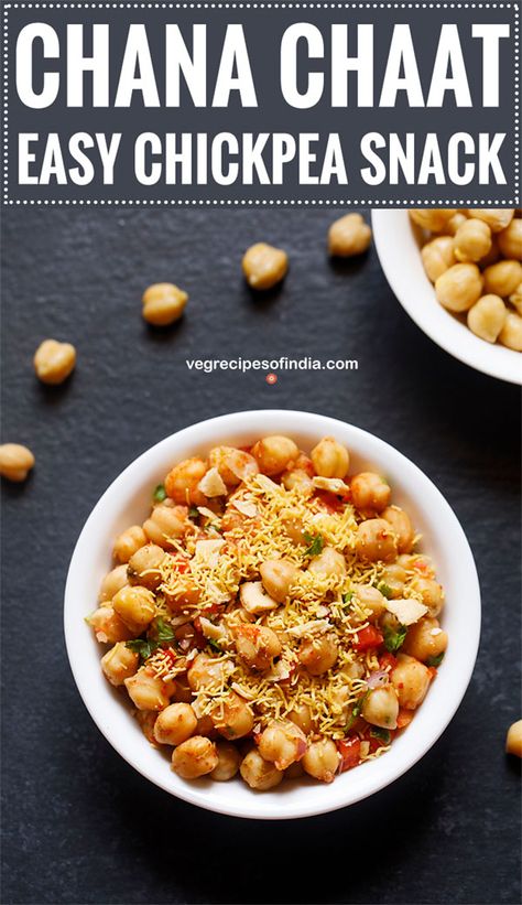 chana chaat recipe. tangy and tasty snack made with cooked chickpeas, spices, onions, tomatoes and lemon juice. healthy and nutritious. #chanachaat #chickpeasalad #chickpea #snacks #indiansnacks Channa Chat Recipe, Chat Recipes, Nyt Recipes, Chana Chaat Recipe, Healthy Indian Snacks, Chats Recipe, Cooked Chickpeas, Veg Recipes Of India, Chickpea Snacks