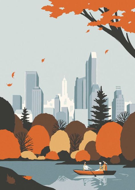 New York Autumn, Images Pop Art, Posca Art, Autumn Illustration, City Illustration, Travel Illustration, Landscape Illustration, Fall Design, Graphic Design Posters