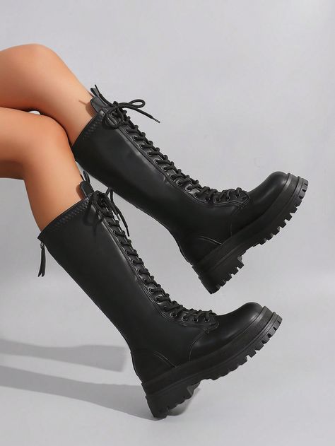 Black Lace Up Knee High Boots, Formal Boots Women, Black Knee High Heels, Highheel Knee High Combat Boots, Kpop Boots, Knee High Boots Black, Knee High Lace Up Boots, Black Boots Knee High, Black Long Boots