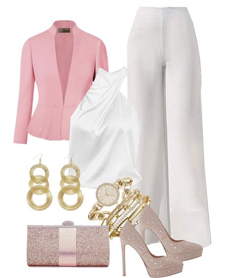 Pink And White Outfit Ideas Classy, Pink And White Outfits For Women, White Pants Pink Top Outfit, Blush Pink Outfits Ideas, Blush Pink Outfit, Pink Top Outfit, Royal Blue Crop Top, Light Blue Heels, Rich Clothing