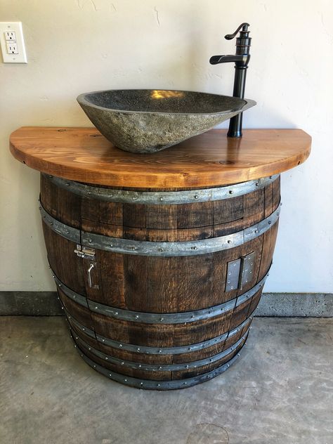 Wine Barrel Vanity, Whiskey Barrel Sink Bathroom, Wine Barrel Sink Bathroom, Barrel Sink Bathroom, Wine Barrel Sink, Wood Barrel Planters, Whiskey Barrel Sink, Barrel Sink, Stone Cabin