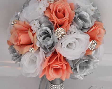 Coral Wedding Flowers, Round Bouquet, Cheap Wedding Flowers, Bouquet Bridesmaid, Silver Bridesmaid, Silk Flower Bouquets, Artificial Bouquet, Silk Flowers Wedding, Coral Wedding