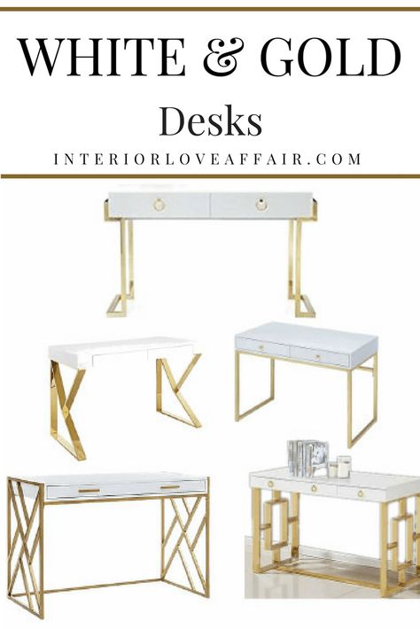 Chic Desk Office, Nice White Desk, White And Gold Office Chair, White And Gold Office Decor, Gold And White Desk, Glam Desk, White Desk Office, Office Tour, Gold Office