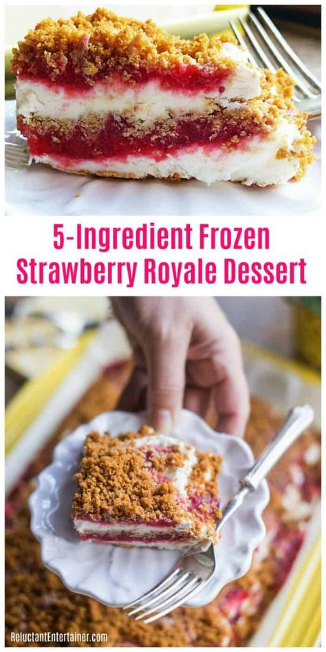 5-Ingredient Frozen Strawberry Royale Dessert is a frozen strawberry dessert made with fresh or frozen strawberries, graham cracker crust, and whipped cream. #5ingredients #strawberries #frozendessert Frozen Strawberry Desserts, Frozen Strawberry Recipes, Strawberry Crunch Cake, Biscuits Graham, Frozen Strawberry, Frozen Dessert Recipe, Strawberry Dessert, Crunch Cake, Dessert Aux Fruits