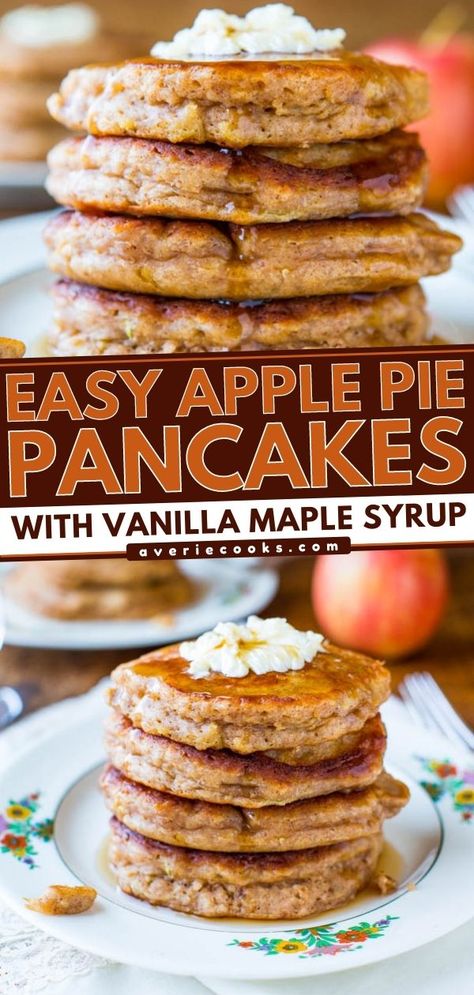 Cinnamon Apple Pancakes (with Vanilla Maple Syrup!) - Averie Cooks Apple Pancakes Easy, Vanilla Maple Syrup, Apple Spice Pancakes, Mini Apple Pancakes, Apple Pie Pancakes Recipes, Apple Butter Pancakes, Apple Cinnamon Pancakes Easy, Maple Pancakes Recipe, Pancakes With Apples