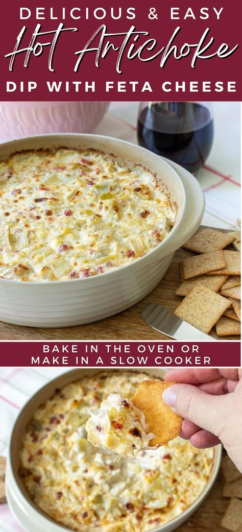 A flavorful, tangy hot artichoke dip (minus the spinach). This version is made with marinated artichoke hearts, feta cheese and pimento peppers. Feta Cheese Dip, Marinated Artichokes, Hot Artichoke Dip, Baked Artichoke, Feta Cheese Recipes, Artichoke Dip Recipe, Homemade Tortilla Chips, Wheat Thins, Cheese Baked